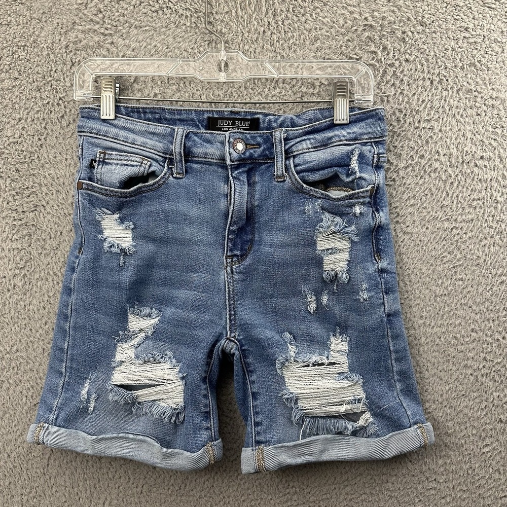 Judy Blue Mid Rise Distressed Cuffed Denim Jean Shorts 6" Stretch Women's Medium